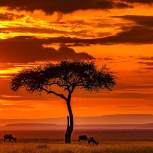 As the day draws to a close on the open grasslands of Africa, the golden light gradually fades into the horizon.